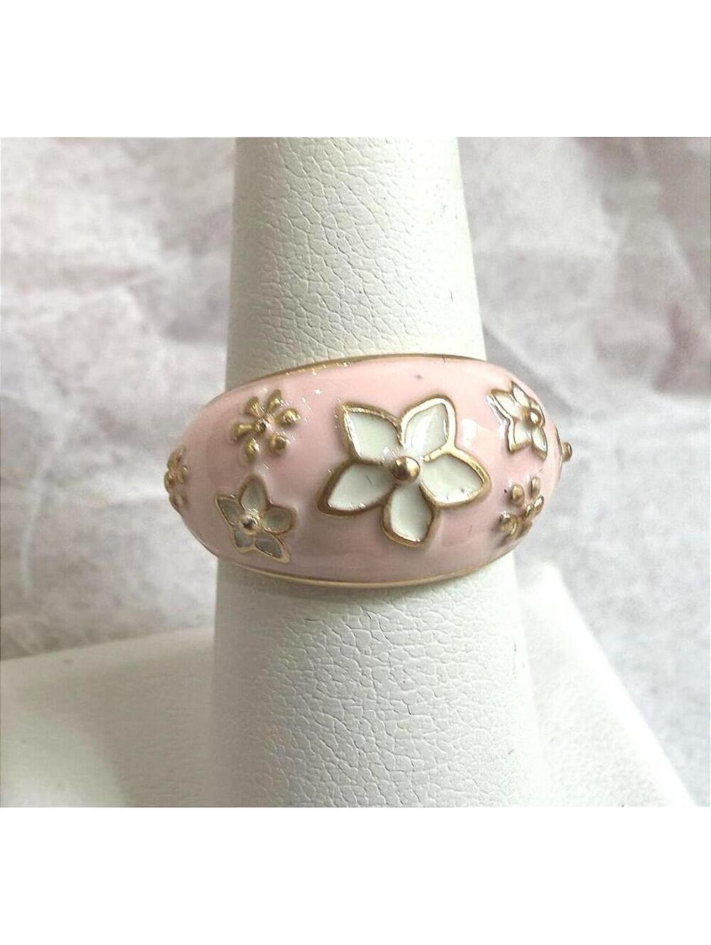 Pink Floral Enamel Dome Ring with White and Gold Accents